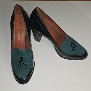 Pour La Victoire Black and Teal/Green Heeled Loafers